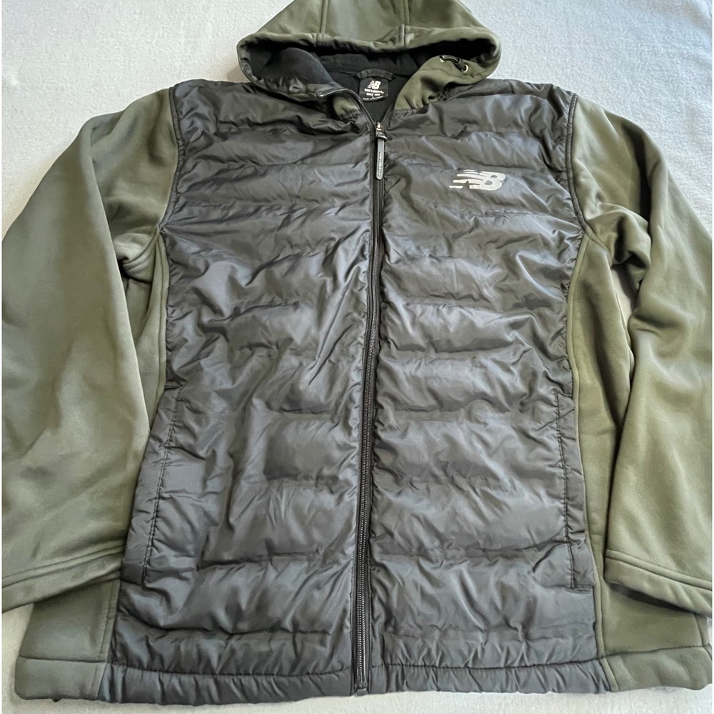 New Balance Mens Hybrid Puffer Jacket Hood Full Zip Soft Shell Olive Black L